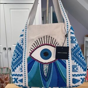America & Beyond Evil Eye Embroidered Canvas Tote NWT